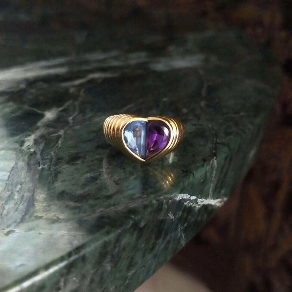 Vintage Bvlgari 18K Yellow Gold Aquamarine Amethyst Heart Ring - Picture 4 of 13